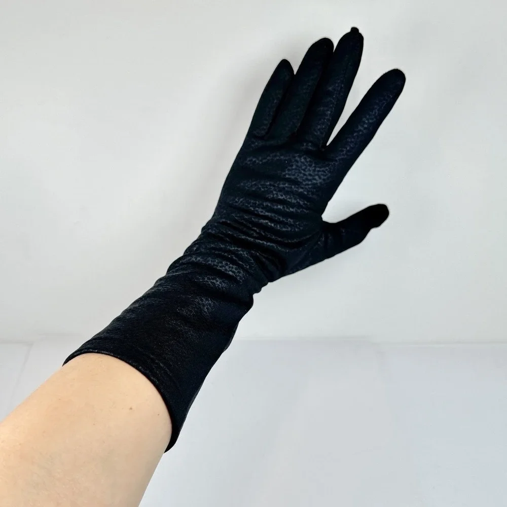 VTG 1950s Black Leopard Nylon Long Dress Gloves Size B Made In USA Opera Evening